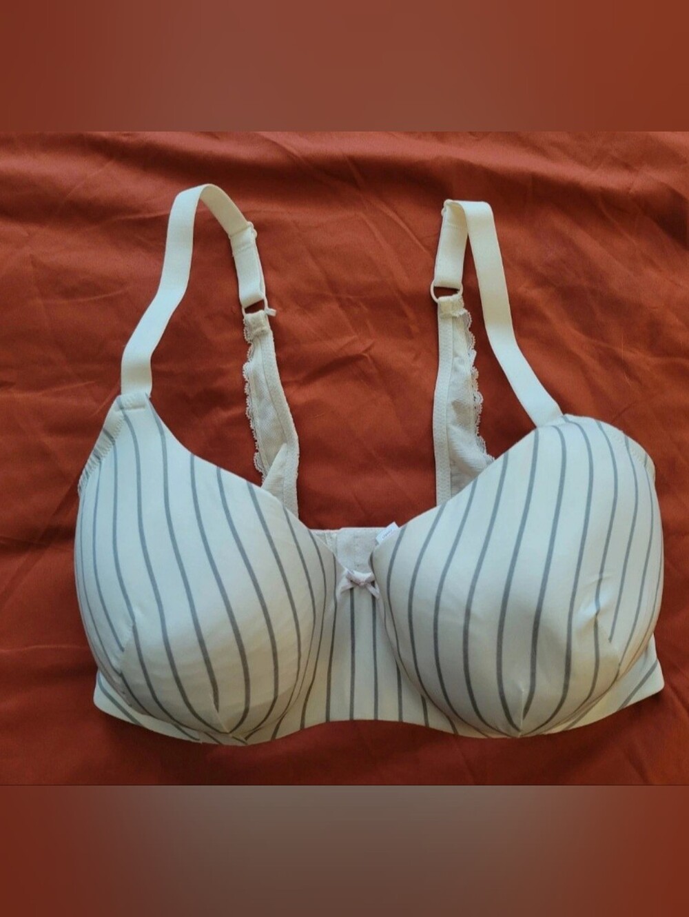 Cacique White Bra with Gray Pinstripes